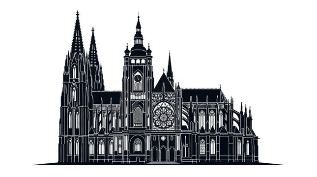 Gothic cathedral silhouette vector illustration of Cologne Cathedral with twin spires and rose window black and white line art religious architecture