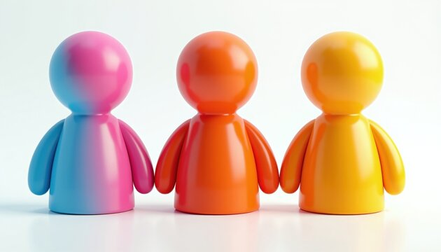 Three colorful 3d figures stand in line. Glossy abstract icons represent people community teamwork concept. Modern smooth plastic shapes feature vibrant pink orange yellow colors on white background.