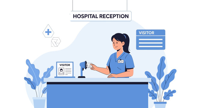 Hospital Receptionist Attends Visitor at Desk, Visitor Pass Issuance, Medical Facility Entrance