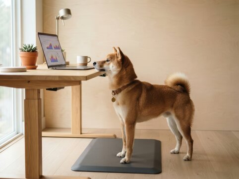 Charming hard-working shiba inu at standing desk in modern open-plan office workspace