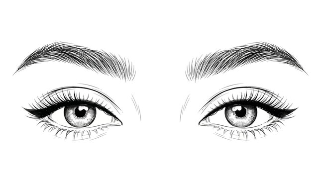 Elegant Feminine Eyes and Eyebrows Hand Drawn Ink Sketch Illustration