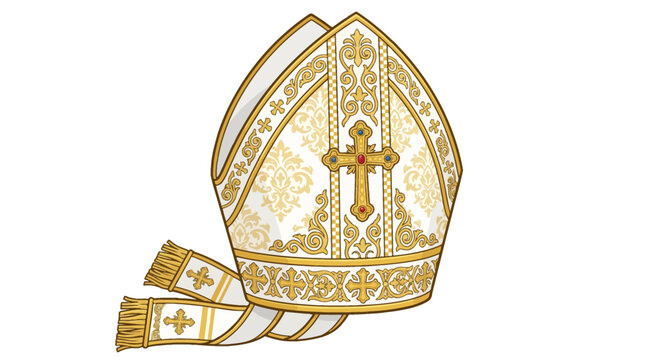Vector illustration of a papal mitre with gold embroidery and cross isolated on white background showing different angles of the religious headwear