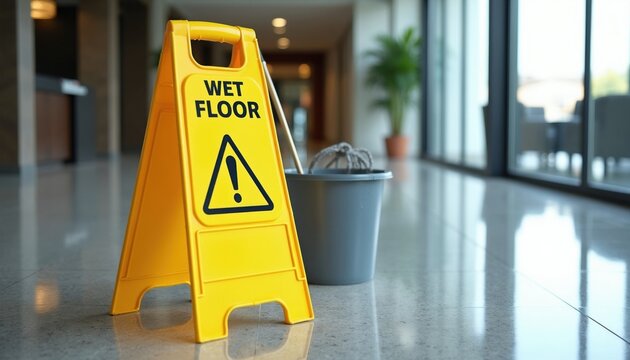 Yellow plastic sign warns of wet floor in modern office lobby. Janitorial mop bucket stands on shiny tiled surface near large glass windows. Caution alert indicates slippery danger zone during