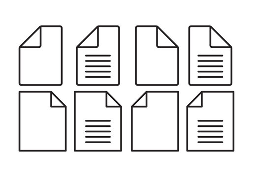 A clean collection of outline document file icons featuring blank and text page variations with folded corners. Modern minimal vector icon set suitable for UI, UX, web, and mobile apps.