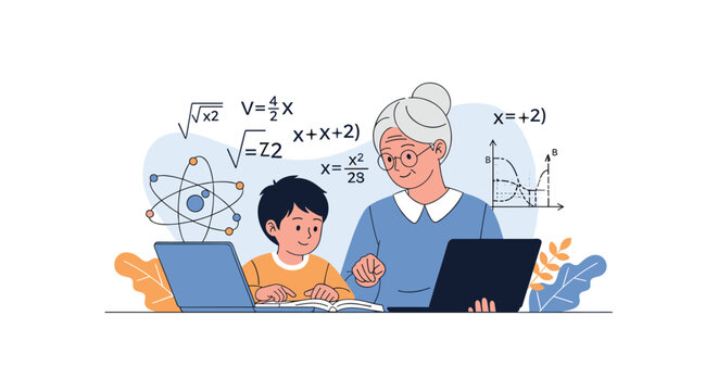 Caring retired grandmother helping her smart young grandson with difficult physics and mathematics homework on two laptops.