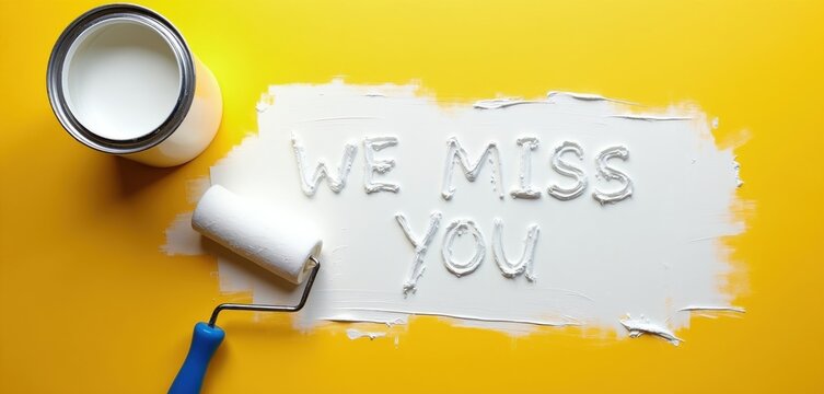 White paint text reading Miss Written on bright yellow background surface. Roller tool, open bucket nearby. Creative conceptual art design flat lay. Nostalgia emotion concept for greeting cards