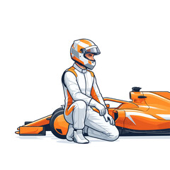Obraz premium Professional race car driver kneeling beside high-performance vehicle. Motorsport athlete in full racing suit and helmet inspecting Formula 1 car b...