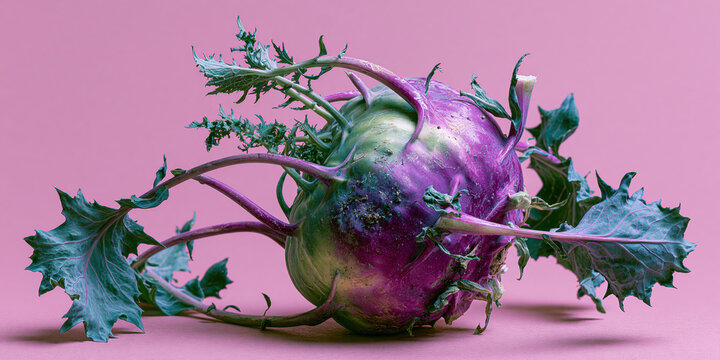 Purple cabbage with green leaves on pink background