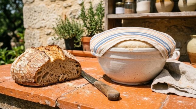 A rustic, crusty bread loaf next to a bowl of dough covered with a striped cloth on a stone-tiled surface, with herbs and pottery in the background for a rustic baking scene
