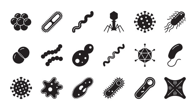 Collection of black and white vector icons depicting various types of bacteria, viruses, and microorganisms, representing microbiology and infectious diseases.