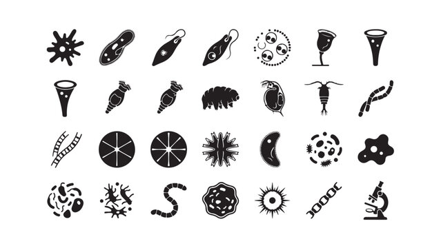 Microorganism and Plankton Silhouette Icons Set Including Tardigrade and Microscope
