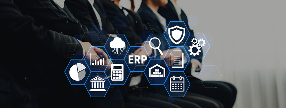 Business professionals engaging in strategies for Enterprise Resource Planning with various digital icons representing technology and data management Fluxor.