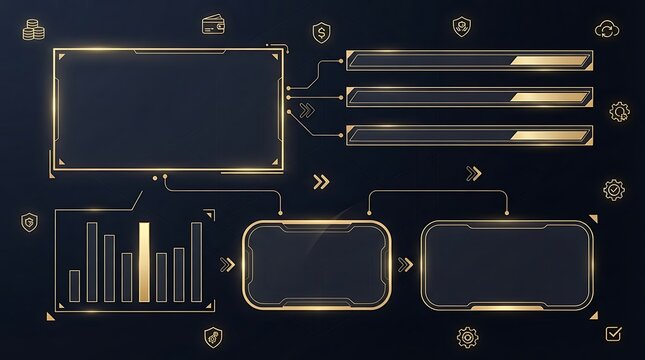 Futuristic HUD interface with gold glowing frames, luxury digital dashboard elements, high-tech data visualization UI kit on dark background