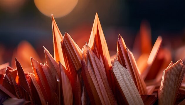 Close Up Macro Image Of Sharp Jagged Wood Splinters With A Warm Reddish Tone And A Dark Blurred Background