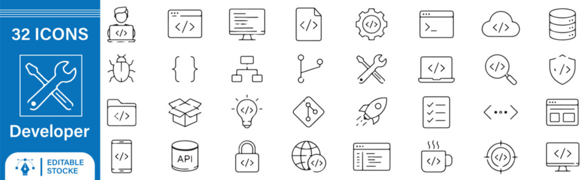 32 Developer Vector Outline Icons Set &ndash; Software Development, Programming, Coding Tools and Web Development Line Symbols Collection