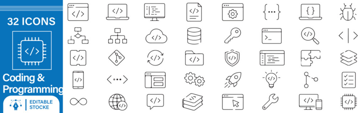 32 Coding & Programming Vector Outline Icons Set &ndash; Software Development, Web Development, Code, Debugging and Developer Line Symbols Collection