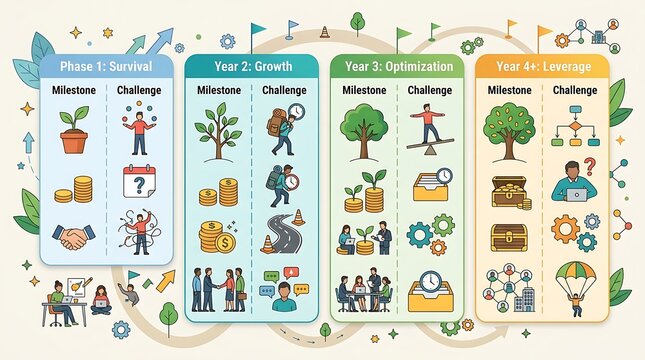 Business growth phases infographic showing milestones and challenges
