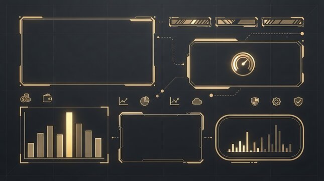 Futuristic HUD interface elements with gold glowing charts, high-tech digital dashboard UI components, golden data visualization frames on dark background