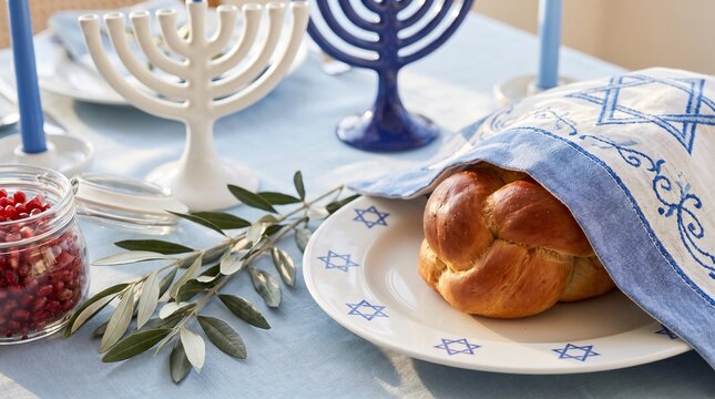 Blue and white jewish holiday background with challah bread, menorah and blue fabric. This festive setup is used for Hanukkah or Rosh Hashanah celebrations and religious event promotions.