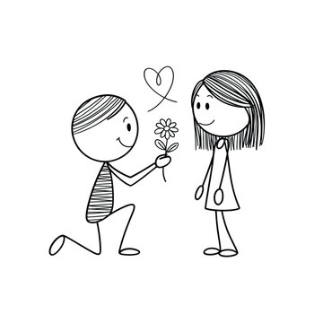 Stick figure couple with flower and heart black and white sketch
