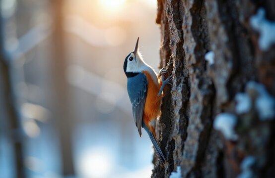 Small bird with orange chest clings to tree bark. White breasted nuthatch with blue wings looks up. Snowy forest background with sun flare. Wildlife in winter.