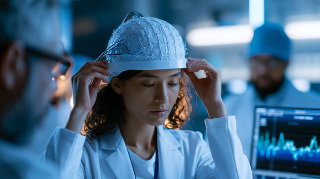 Neuroscience researcher adjusting an electrode array helmet on a patient in a twilight-lit laboratory during an awake cortical mapping procedure, brain activity monitor glowing