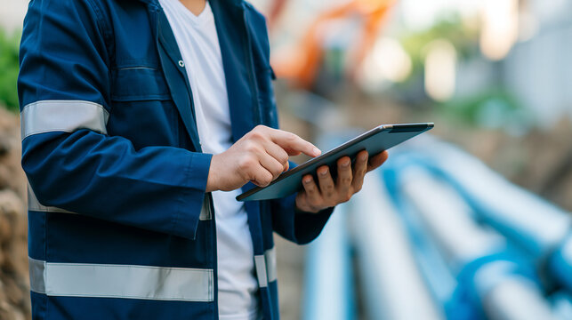 Faceless engineer wearing a hard hat standing near a trench filled with pipes, cross-checking specifications on a tablet, industrial project management concept, with copy space