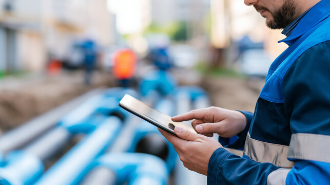 Faceless engineer wearing a hard hat standing near a trench filled with pipes, cross-checking specifications on a tablet, industrial project management concept, with copy space