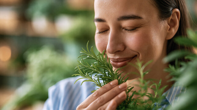 Woman feeling fulfilled while enjoying the scent of fresh rosemary, abundance and mindfulness concept, herbal wellness lifestyle, with copy space