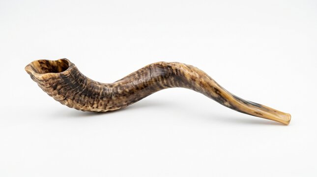 Shofar on white background showing a polished ram horn used in religious ceremonies. Isolated ritual object for the Jewish High Holidays of Rosh Hashanah and Yom Kippur worship services.