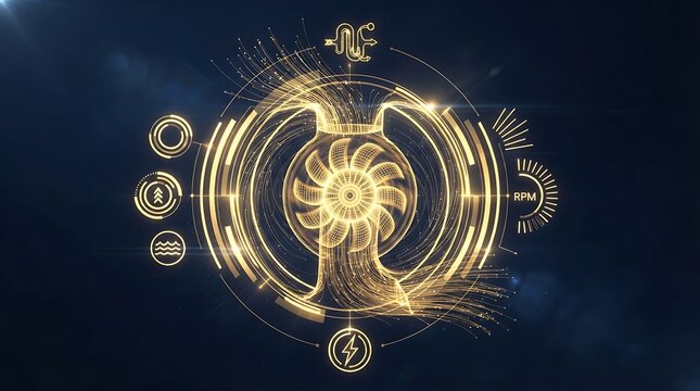 Futuristic hydroelectric turbine interface, glowing gold energy generator diagram, renewable power technology concept on dark background