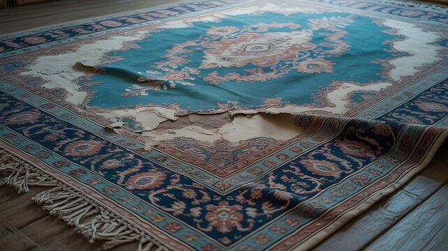 Old vintage rug with wornout texture and damaged fabric lying on a wooden floor in a dimly lit room