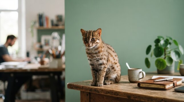 Smart dedicated rusty-spotted cat in office at bright co-working office space, executive portrait composition