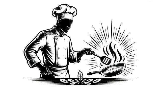 A Professional Chef Silhouette Illustration Engaged in Gourmet Cooking with a Frying Pan