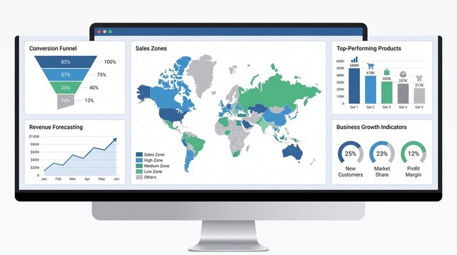 Wide screen computer monitor displaying business data dashboard with various charts and graphs.