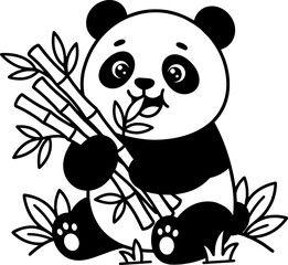 Cute panda bear eating bamboo vector illustration, black and white cartoon panda character, adorable giant panda line art for coloring book © StyleGraphicArt