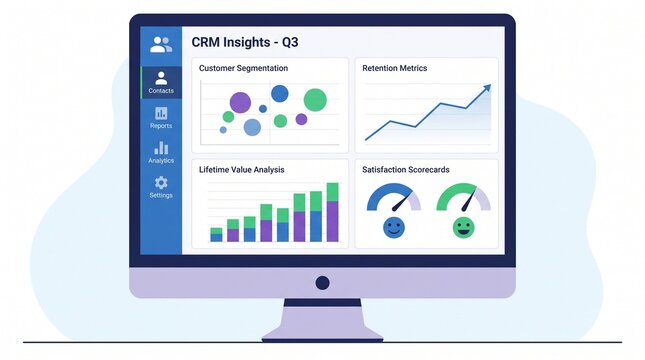 Computer monitor displaying a CRM analytics dashboard with charts and graphs.