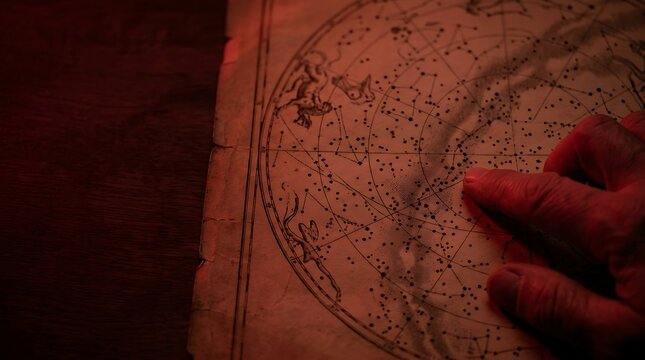 Person pointing at a vintage celestial star map in red light