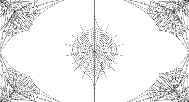 Intricate spider webs located in corners and the center for spooky Halloween backgrounds and mysterious atmosphere graphics.