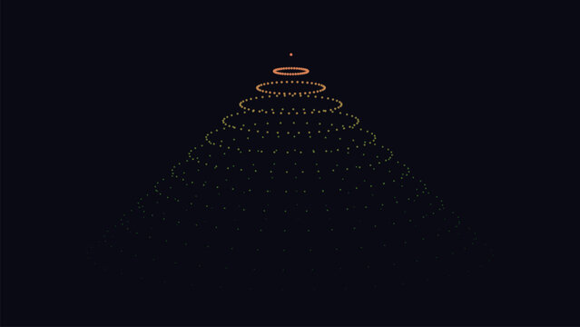 Abstract golden particle pyramid on black background, futuristic glowing dot matrix structure, elegant digital data visualization vector