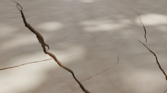 Closeup of a cracked concrete floor surface with deep fissures