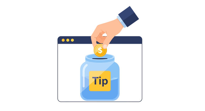 Online Tipping Concept: Hand Putting Coin into Digital Tip Jar on Website Interface for Donations and Gratuity Vector Illustration