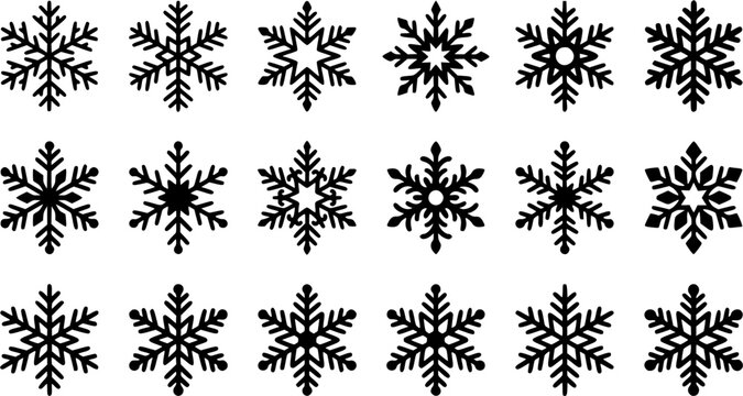 Snowflake Patterns silhouette icon set, flat black glyph style, pure white background