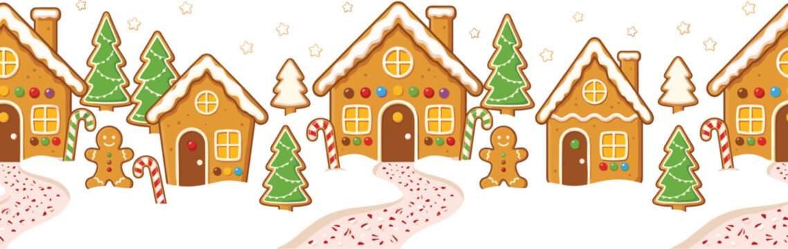Christmas Gingerbread Village Seamless Border with Candy Houses Pine Trees Gingerbread Cookies and Festive Winter Holiday Vector Illustration