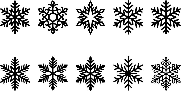 Snowflake Patterns silhouette icon set, flat black glyph style, pure white background