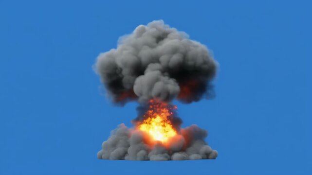 Nuclear explosion expanding with fiery mushroom cloud against clear blue sky cinematic