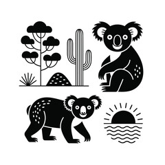 Koala And Australian Landscape Silhouettes On White Background