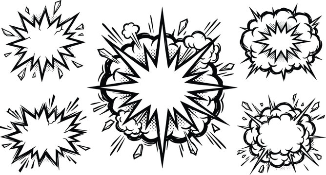 Hand Drawn Comic Explosion Burst Shapes Collection with Sketch Starburst Frames and Pop Art Elements