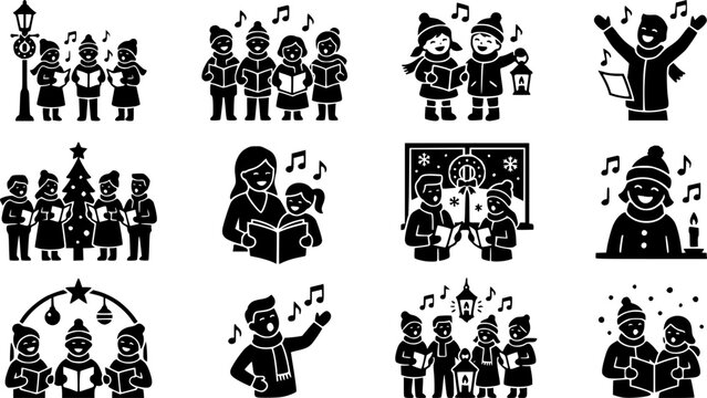 Christmas Carol & Singing silhouette icon set, flat black glyph style, pure white background