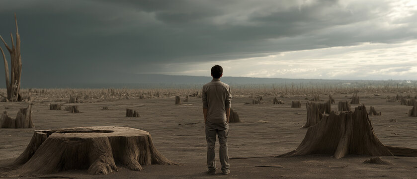 Desolation's Gaze: A lone figure stands amidst a barren wasteland, surrounded by the stark remains of a deforested land under a dramatic, storm-laden sky.